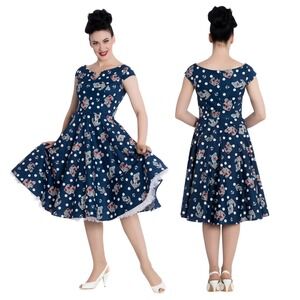 Hell Bunny Vixen Salina Navy Nautical Polka Dot Pin-up Rockabilly Swing Dress 3X